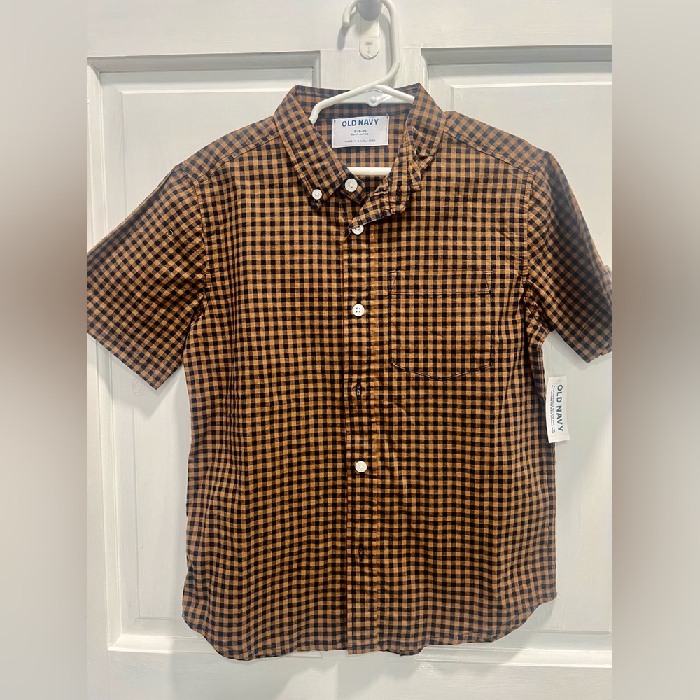 OLD NAVY NWT Brown Collared Short Sleeve Button Down Fall Shirt SIZE 6/7 Boys